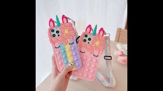 【プチプチポップデザイン】かわいいユニコーン ストラップ付 プチプチ スマホ ケース  iphoneカバー