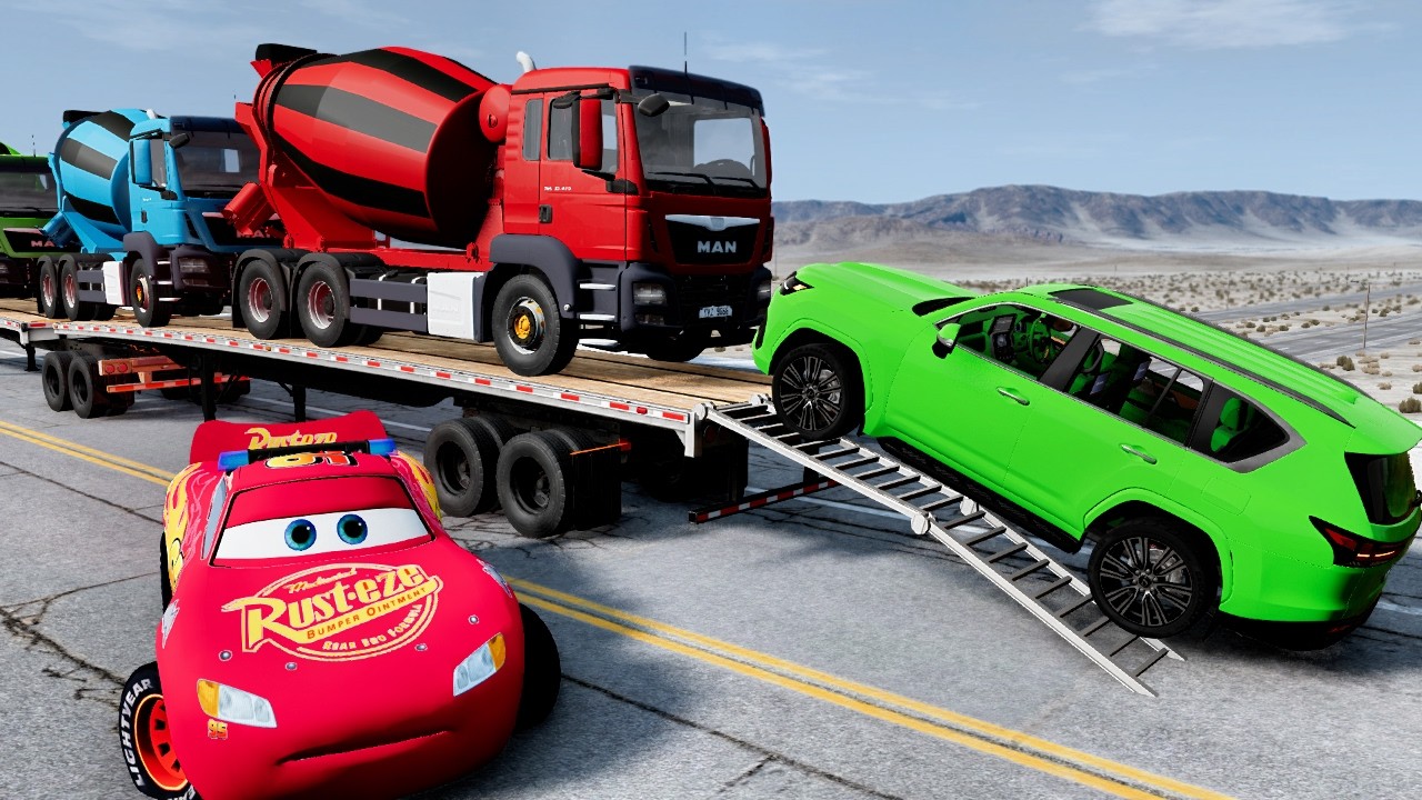 Flatbed Truck Mcqueen  Transportation with Truck   Pothole vs Car #48  BeamNG Drive 2