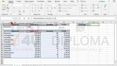 Enter the appropriate function in the cell G1 to return the average of sales over 100€...