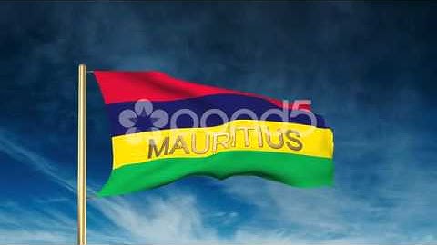 Mauritius Flag Slider Style With Title. Waving In The Wind With Cloud Background