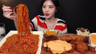 SUB)NEW Shin Ramyeon Fried Noodles with Cheddar Cheese Pork Cutlet Mukbang Asmr Eating Sounds