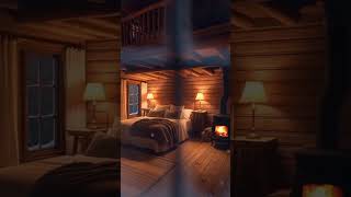 Snowy window view into a cozy cabin bedroom with wood stove glow 🔥