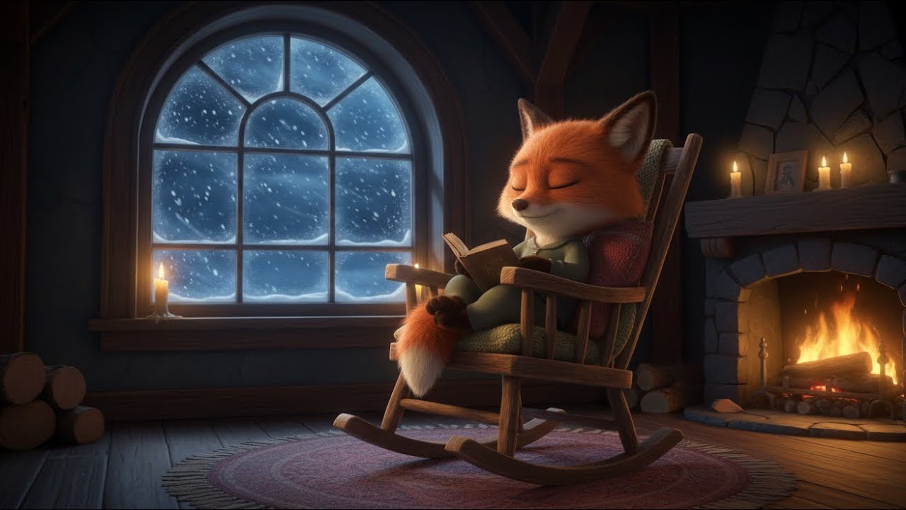Cozy Cartoon Fox by the Fireplace ❄️ Snowstorm & Crackling Fire (3 Hours) | Sleep Ambience 