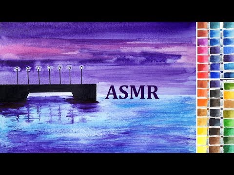 АСМР Красивая картина акварелью за 17 минут 💜 Рисую Фиолетовый закат над морем и мост влюбленных