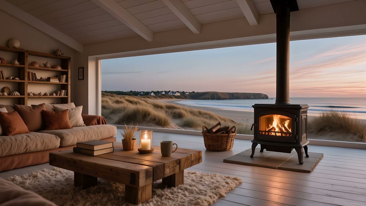 Coastal Wood Stove Ambience at Dusk 🌊🔥 | Cozy Beach House Living Room Overlooking the Dunes & Sea