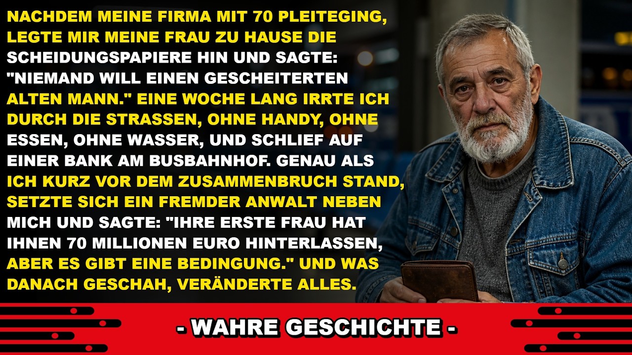 An einem Morgen im Busbahnhof setzte sich ein fremder Anwalt neben mich, während ich auf einer Bank schlief, weil ich nach der Pleite meiner Firma nichts mehr hatte. Meine Frau hatte mir die...