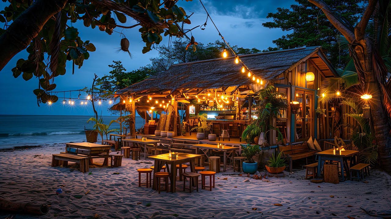 Enchanting Beach Night ☕ Rustic Thatched Roof, Sparkling Lights with Relaxing Piano  Bossa Nova Jazz