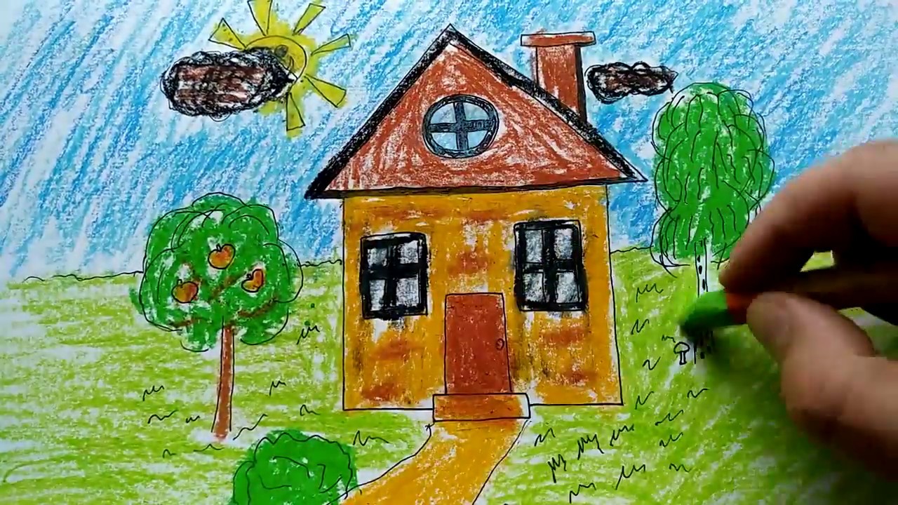 Как нарисовать дом, сад, небо и солнце. Шаг за шагом просто рисуем ...