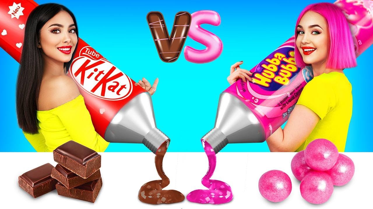 Bubble Gum vs Chocolate Food Challenge 100 Layers of Bubble Gum
