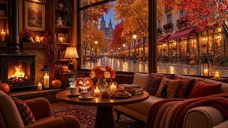 A Magical Night of October 🍂 Soft Jazz Piano, Rainy Windows & Warm Fireplace for Relax & Sleep screenshot 5