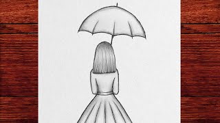 Şemsiye Tutan Kadın Çizimi Kolay - Şemsiyeli Kız Çizimi - Drawing Girl With Umbrella