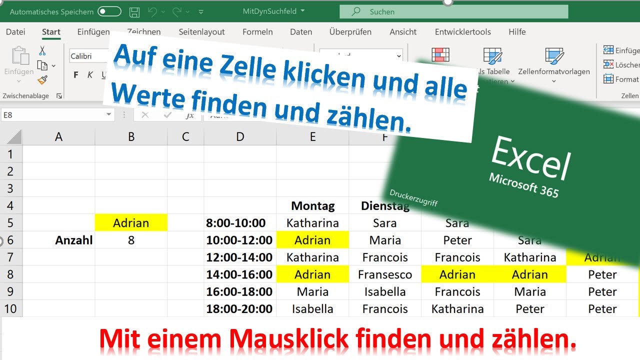 Excel: щелкните, найдите и подсчитайте с помощью поля динамического поиска / VBA / на основе событий