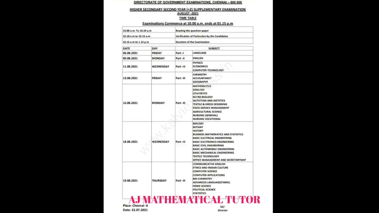 12th standard supplementary exam time table 