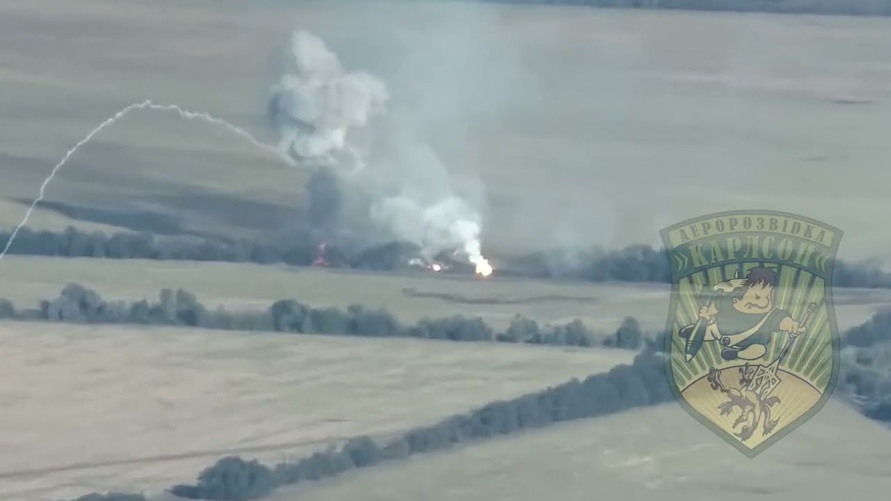 A Russian ammunition stockpile blown away by Ukrainian UAV artillery strikes