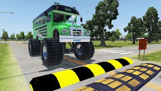 Double Flatbed Trailer Truck vs Speedbumps Train vs Cars Beamng Drive