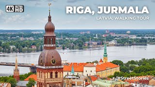 STREETS OF RIGA, LATVIA. JURMALA. 4K City Walking Tour. City Sounds, Jazz Music, Best Views.