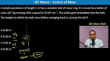 A simple pendulum of length 1 m has a wooden bob of mass 1 kg. It is struck by a bullet of mass