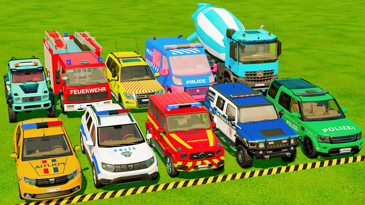 TRANSPORTING POLICE CARS, AMBULANCE, FIRE TRUCK, COLORFUL CARS WITH TRUCK - FARMING SIMULATOR 22
