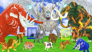 10 Giant Mammoth Elephant Buffalo Vs Giant Angry Cow Vs Giant Lion Tiger Cub Saved By Woolly Mammoth