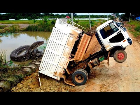 Incredible!! Dump Truck Fly Back Unloading Stuck Deep Heavy Recovery Bulldozer Komatsu Help Rescue…