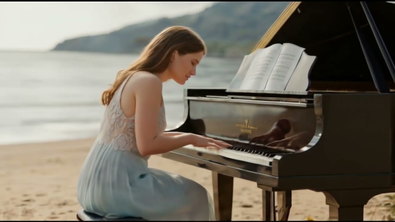 Open with ambient beach sounds (waves, birds, breeze) that fade into the first piano notes.