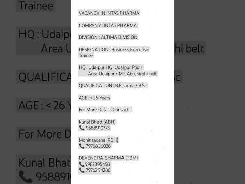 Vacancy At Udaipur Intas Pharma Shorts Udaipur 