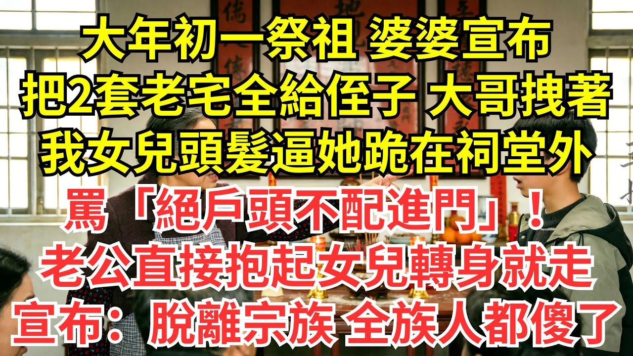 大年初一祭祖，婆婆把2套老宅給侄子，大哥拽我女兒頭髮逼她跪祠堂外，罵絕户頭不配進門！老公沉默3秒，抱起女兒就走，宣佈：我們一家脱離宗族！全族人都傻眼了#情感#婆媳#家庭#智慧#生活經驗#為人處世