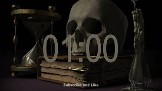 1 minute timer animation  Horror background with skull, magnifying glass and book