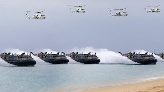 US Marines Intense Beach Landing With Massive Number of Hovercrafts and Helicopters