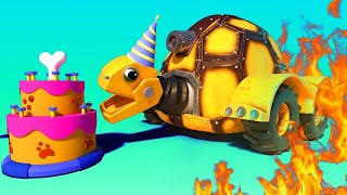 AnimaCars - Fire at the BIRTHDAY PARTY ! TURTLE in DANGER !  cartoons for kids with trucks & animals