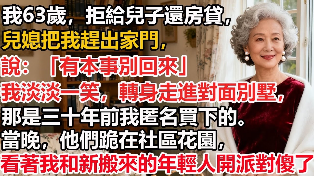 【我63歲】拒給兒子還房貸，兒媳把我趕出家門，說：「有本事別回來」我淡淡一笑，轉身走進對面別墅，那是三十年前我匿名買下的。當晚，他們跪在社區花園，看著我和新搬來的年輕人開派對傻眼了！