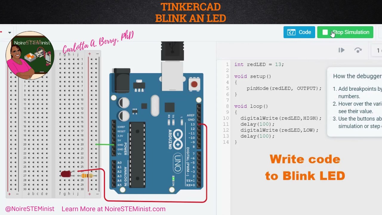 TinkerCAD Blink LED code #NoireSTEMinist #MySTEMIsForTheStreets - YouTube