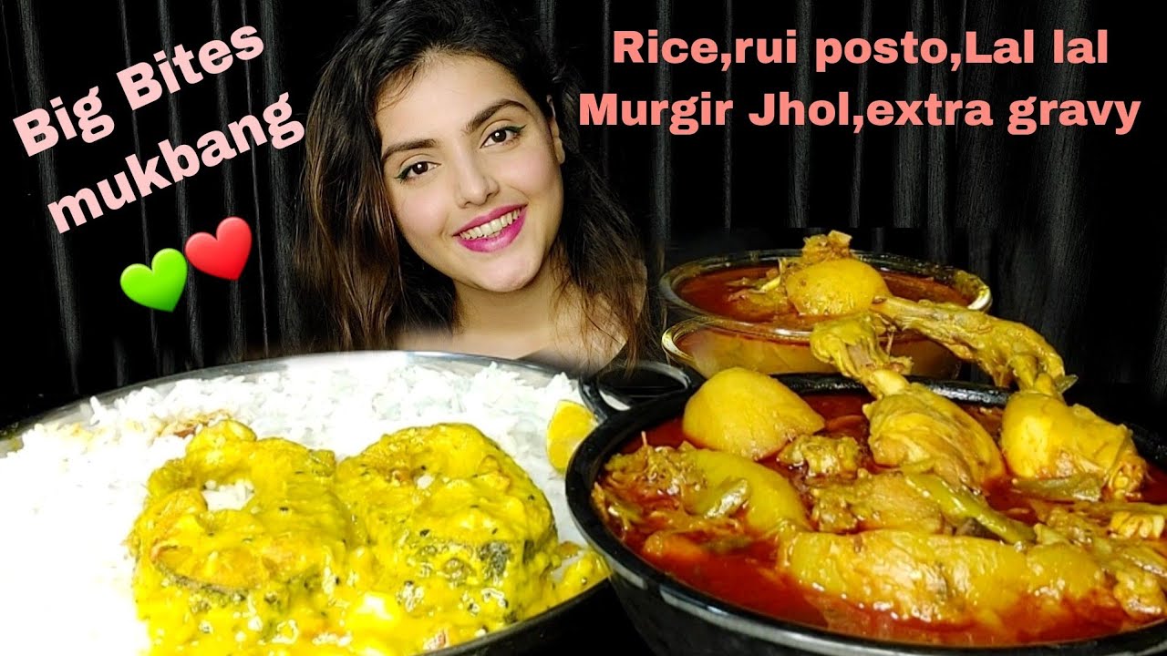 Eating Rice,Fish,Lal Lal Murgir Jhol,Mukbang,ASMR,Eating Show, Big Bites,Messy Eating,Homemade Food