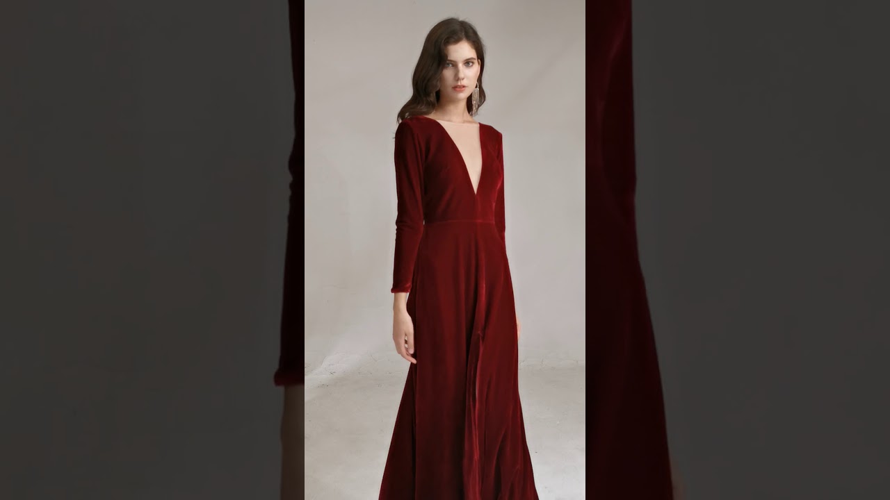 Velvet Long Sleeve Bridesmaid Dresses with Illusion V neck | Alfabridal