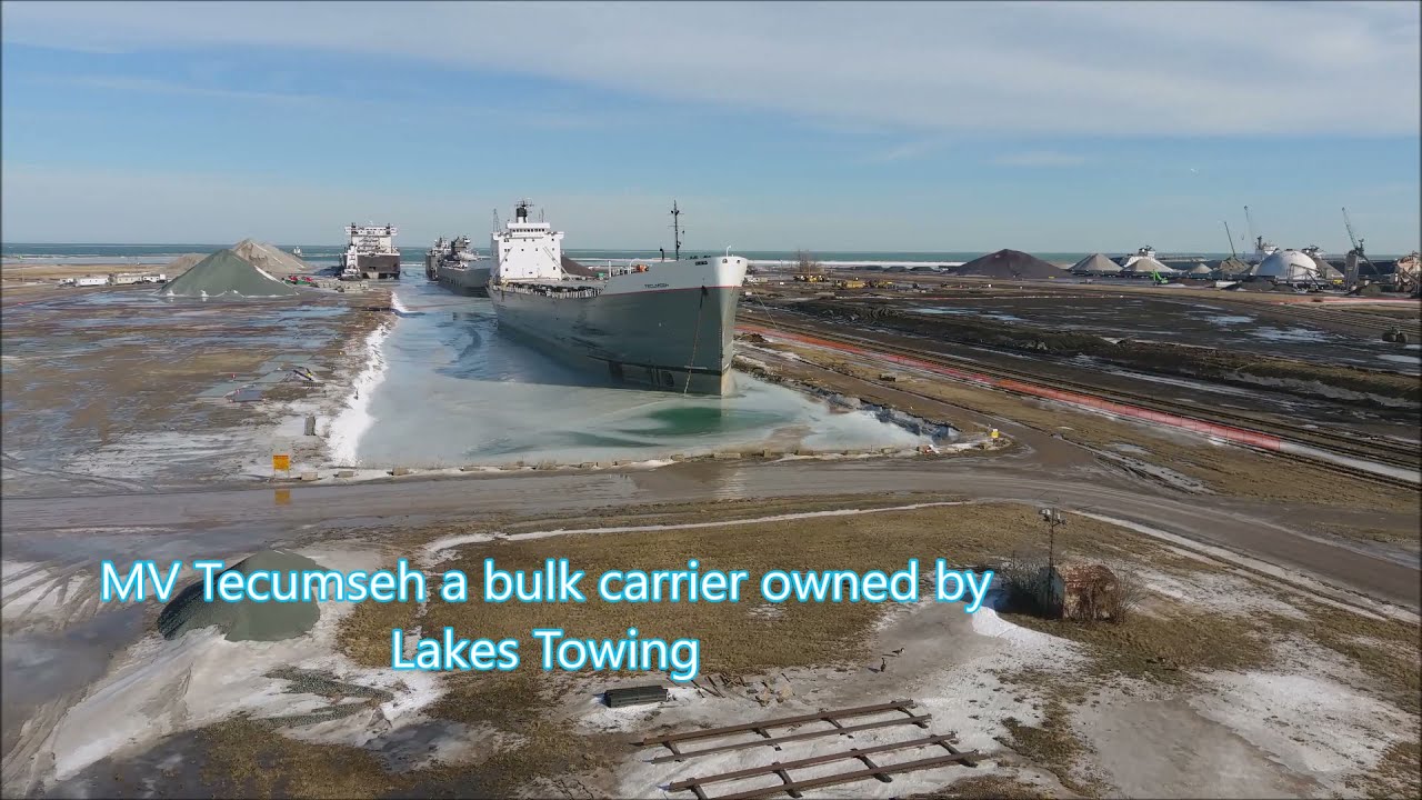 Ships in the Ashtabula Harbor  a Lake Erie port on a cold winter day