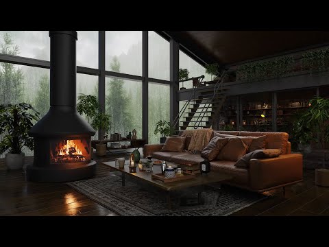Jazz Relaxing Music at Cozy Attic House Inside Forest on Rainy Day & Gentle Fireplace Sounds 🌧️🔥