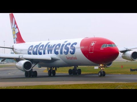 Edelweiss A343 HB-JME Super Close Taxi and Takeoff at Manchester!