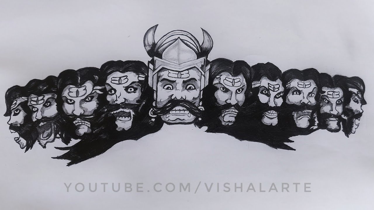 Premium Vector | Dussehra celebration - ravana ten heads with bow and  arrow, hand drawn sketch vector illustration.