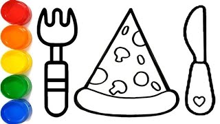 Drawing and coloring pizza, spoon and fork