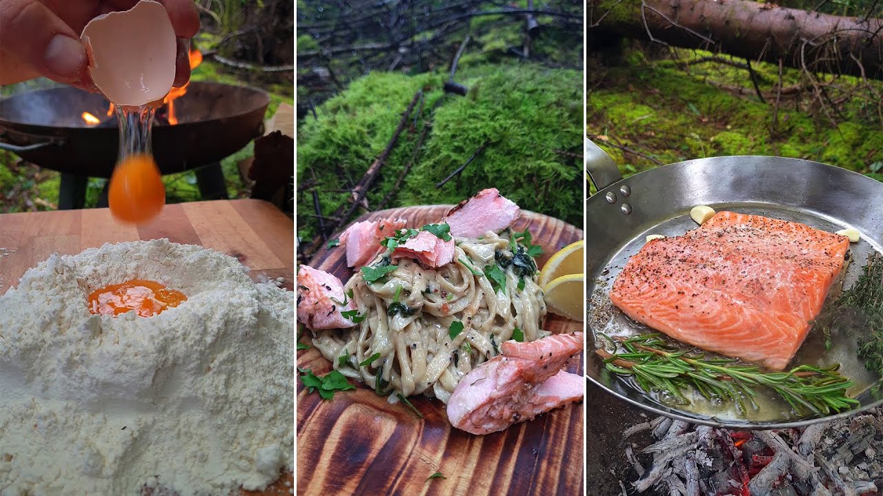 Creamy Salmon Pasta (forest made?) campfire cooking #pasta #Italy #cooking