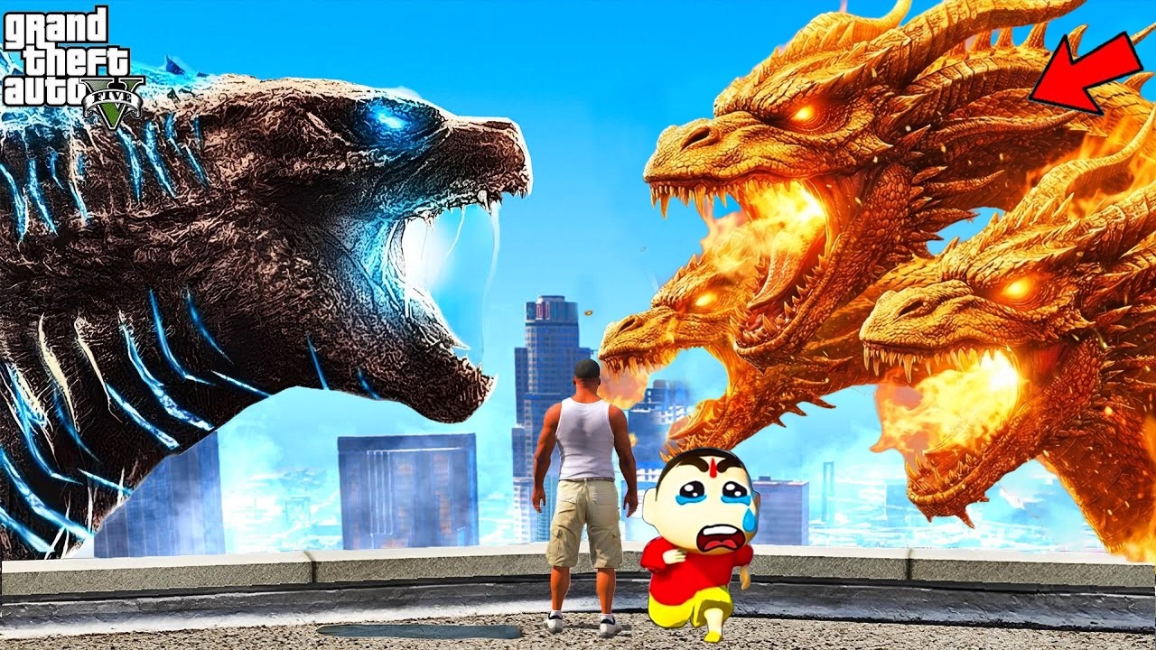 “Shinchan Godzilla🐉vs King Ghidorah Fire Dragon🔥Avengers Battle | GTA 5 Telugu”