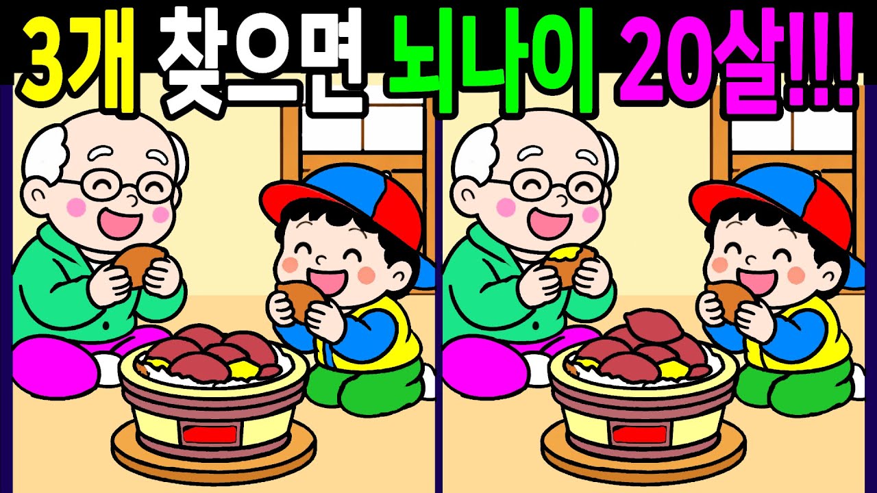 차이점 3가지 다찾으면 건강한 두뇌나이 20대! 복습문제 끝까지 풀고 가볍게 두뇌운동해요【 Find Difference 間違い探し】