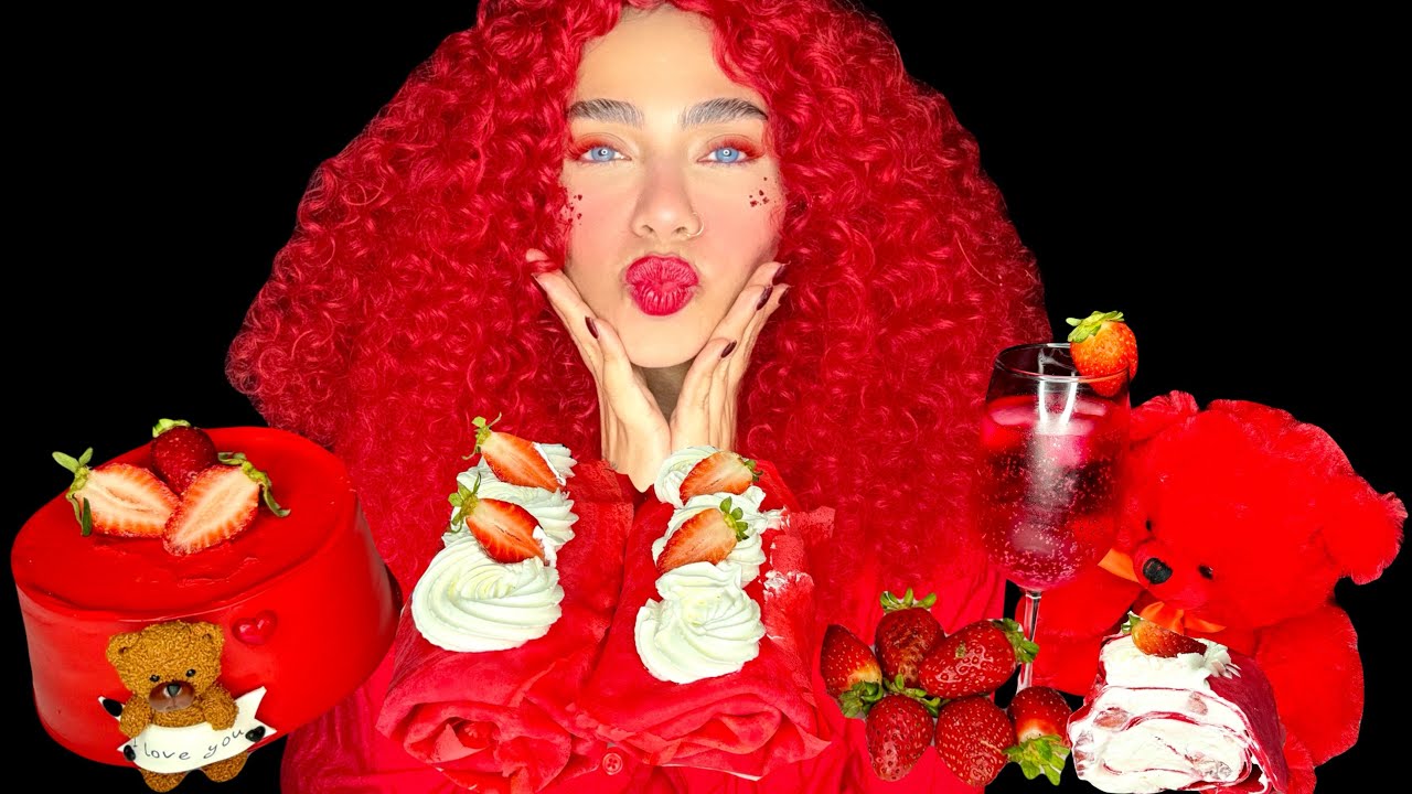 MUKBANG ASMR VALENTINE♥️(BIRTHDAY CAKE, CREPE) موکبانگ ولنتاین(کیک تولد، کرپ، کیک خامه، توت فرنگی)