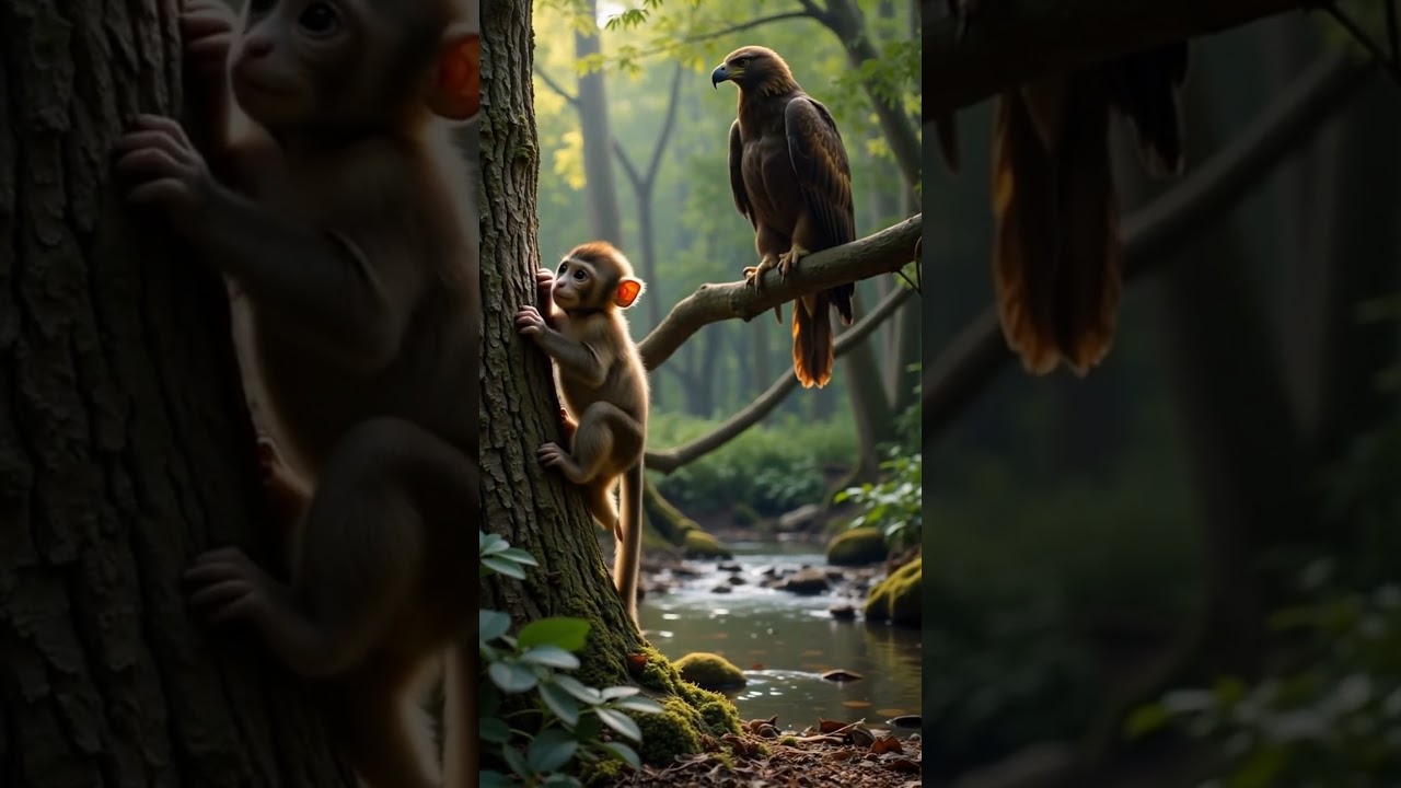 🦅 Baby Monkey Trapped on a Tree as Giant Eagle Watches from Above!