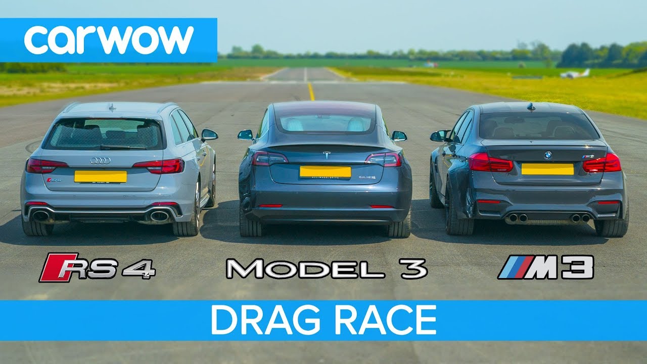 Tesla Model 3 vs BMW M3 vs Audi RS4 - DRAG RACE, ROLLING RACE & BRAKE TEST