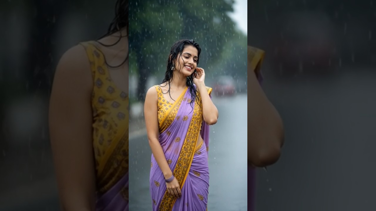 Beautiful Woman in Saree Smiling in Rain 🌧✨ | Viral Aesthetic Shorts 