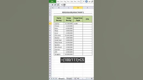 Cara menghitung Harga Kena Pajak dan PPN di Excel
