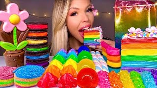 ASMR RAINBOW CREPE CAKE, MERINGUE KISSES, EDIBLE FLOWER, BUTTERFLY PEA TEA,SOUR STRIPS MUKBANG 먹방 P2