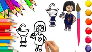 How To Draw cute Girl Hand Washing Drawing Painting Coloring For Kids and Toddlers - Child Art