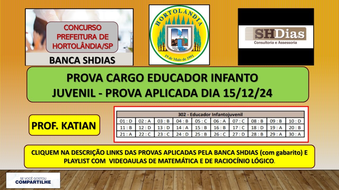 SHDias  - Prova do cargo de Educador Infanto Juvenil - Hortolândia/SP - Link da prova na descrição